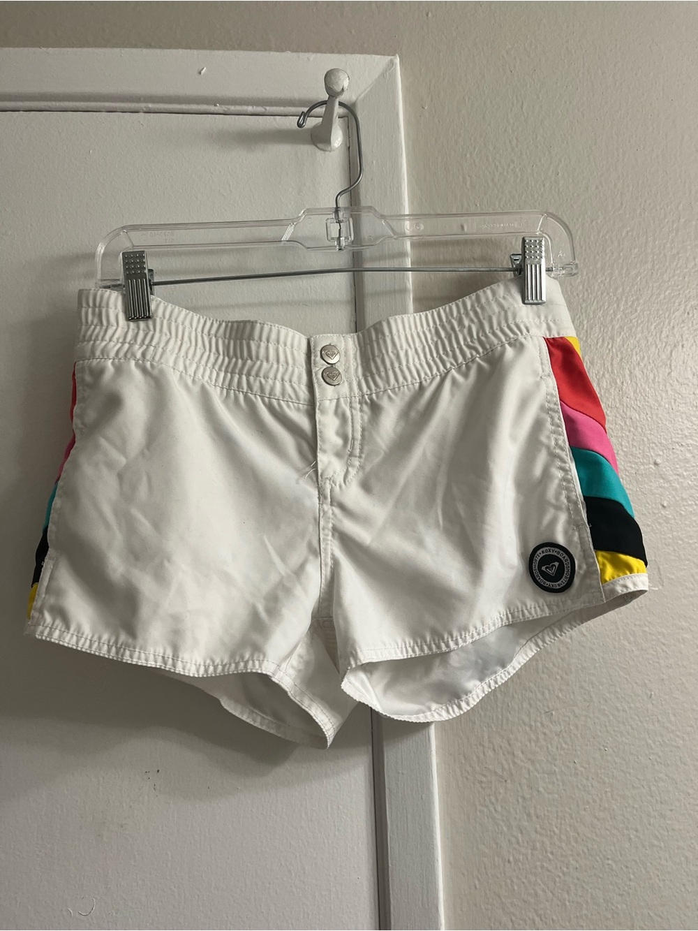 Roxy White Athletic Shorts with Pink, Teal & Yellow Side Stripes